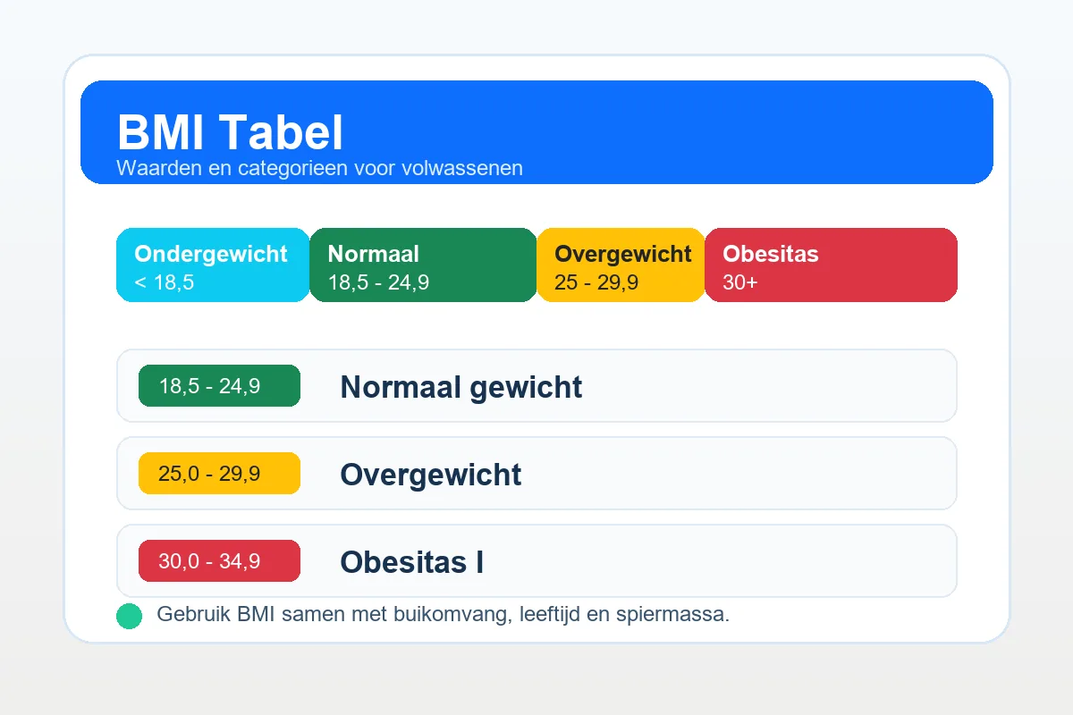 BMI tabel met waarden en categorieen voor volwassenen