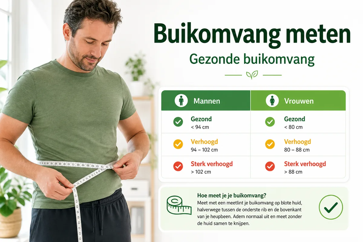 Persoon meet buikomvang met meetlint naast tabel voor gezonde buikomvang bij mannen en vrouwen